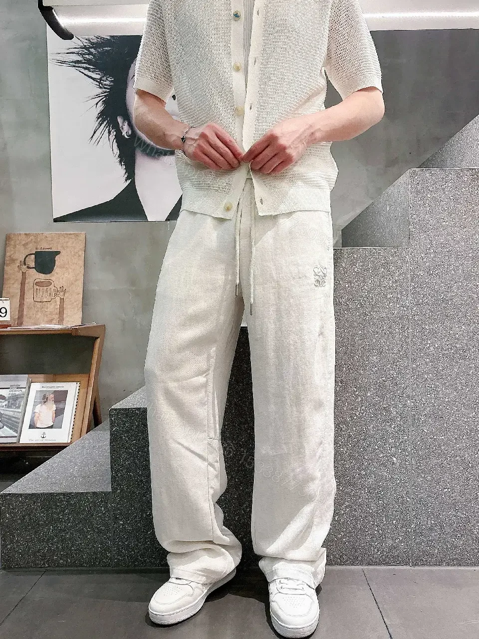 View 9 of Off-White Cream Linen-Look Wide-Leg Drawstring Pants