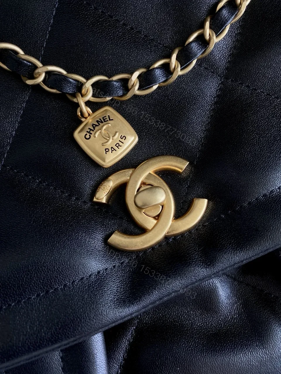 View 9 of Lux Quilted Leather Handbag in Black with Gold Hardware