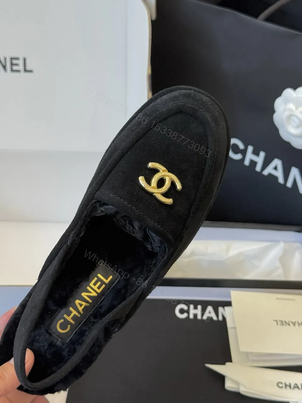 View 8 of Lux Velvet Loafers with Gold Logo Detail - Velvet, Gold, Loafers, Slip-On, Elegant Style