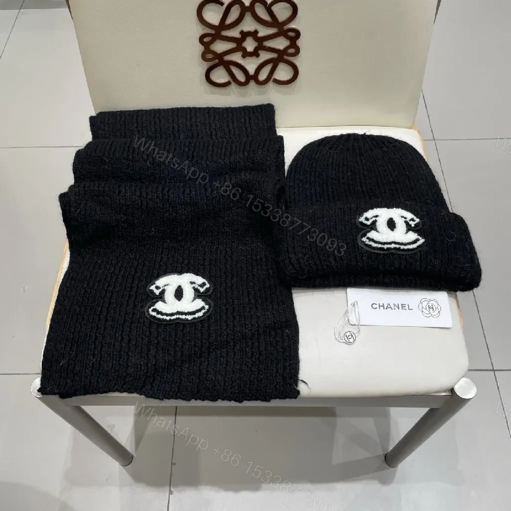 View 7 of Luxe Black Knit Set: Beanie & Scarf with Emblem