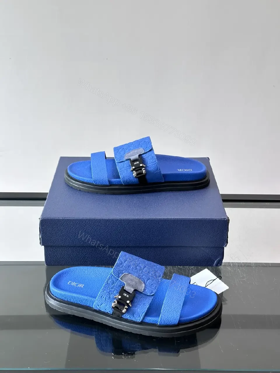 View 7 of Blue Embossed Slide Sandals with Buckle - Dior Inspired Sm?