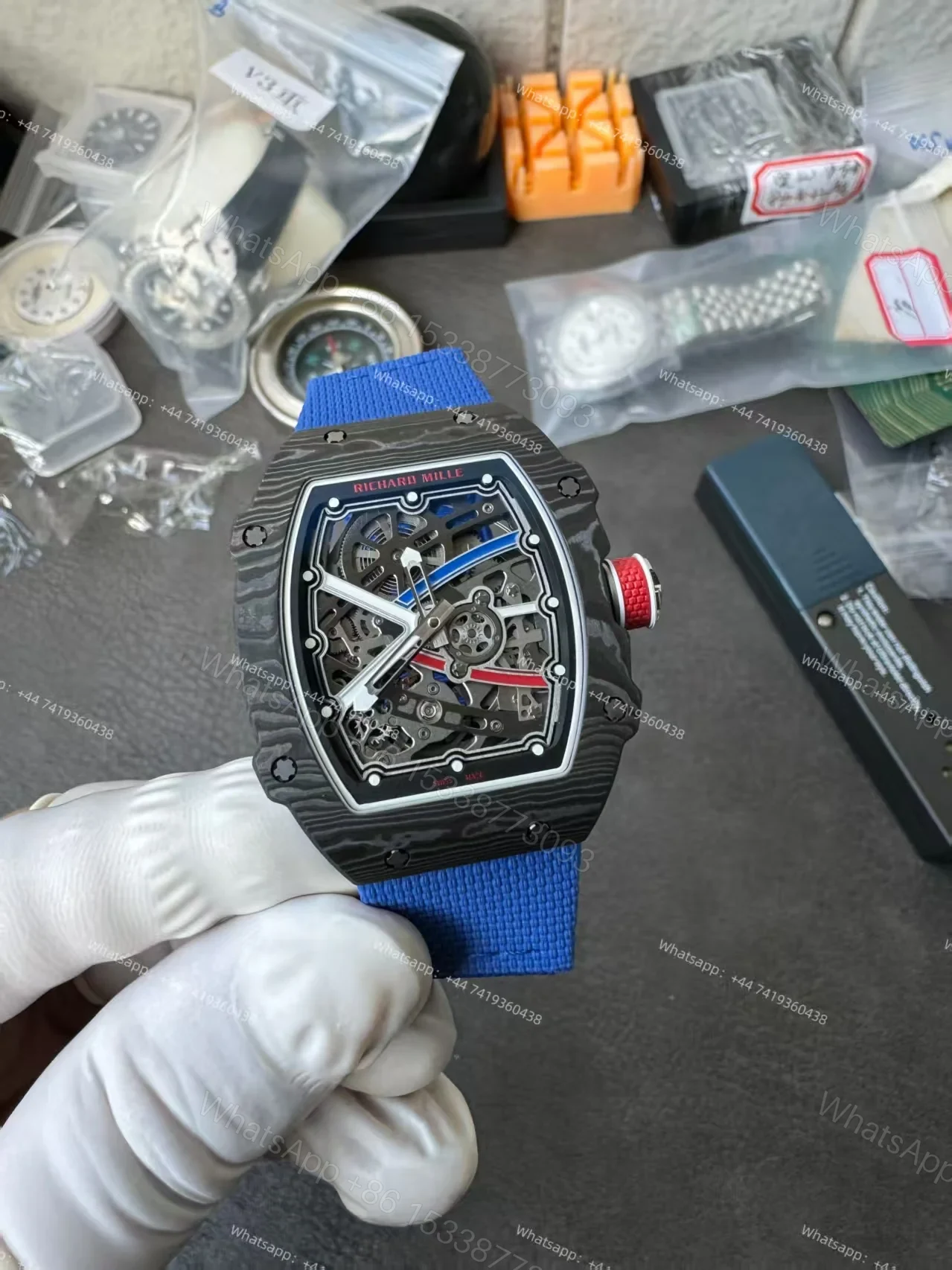 Super Clone Richard Mille RM67-02 Carbon TPT Skeleton Tourbillon 1:1 Replica Watch with Blue Strap — view 1
