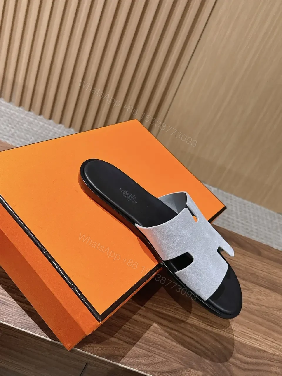View 10 of Grey suede slide sandals with cutout strap for premium everyday luxury