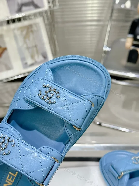 View 7 of Blue Chanel-Style Slide Sandals - Luxe Comfort, Quilted Chic