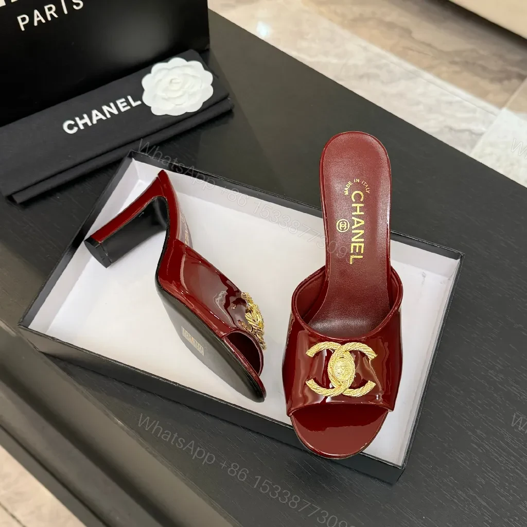 View 6 of Red Patent Mule with Gold Chain - Lux Open-Toe Style Mule