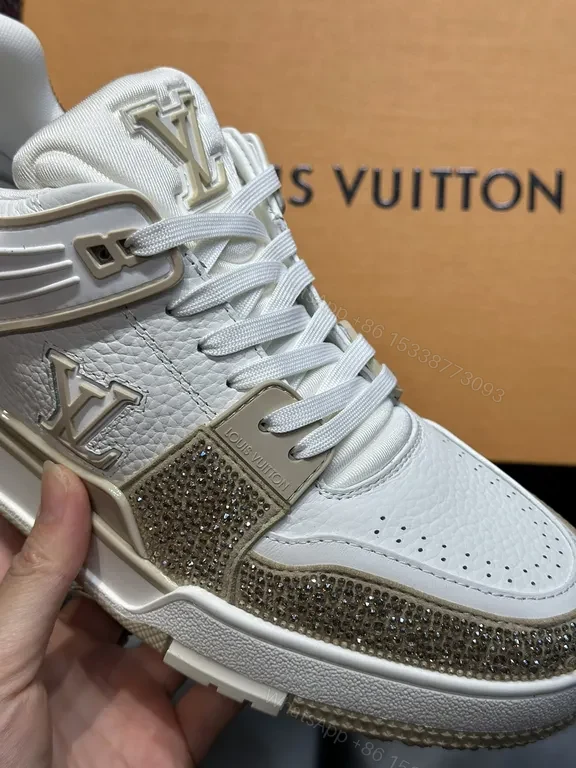 View 8 of White Leather Sneakers with Gold Accents, Perforated Toe, LV Logo