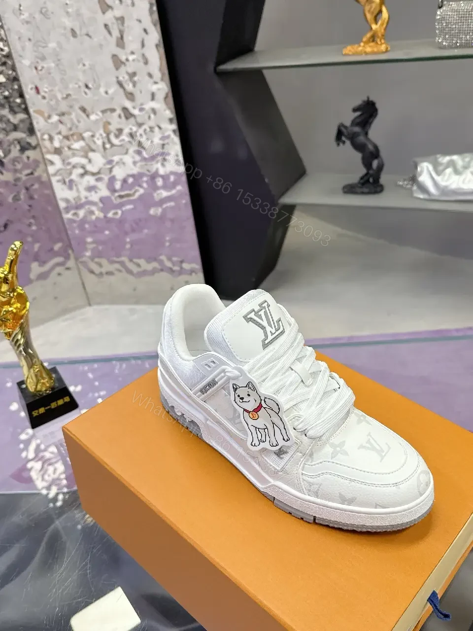 View 3 of White Leather Monogram Luxe Sneaker, All-Day Comfort