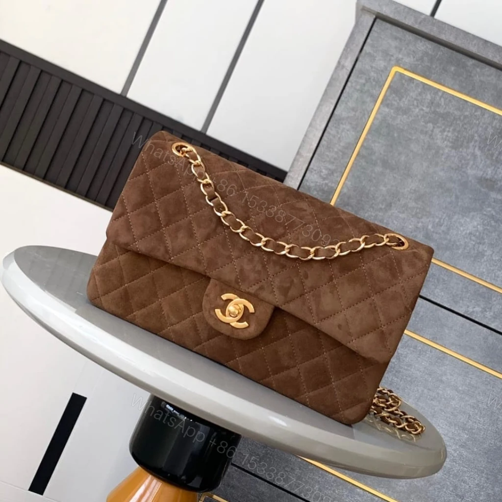 View 2 of Chanel Classic Medium Double Flap Bag Gold Tone Dark Brown 25cm