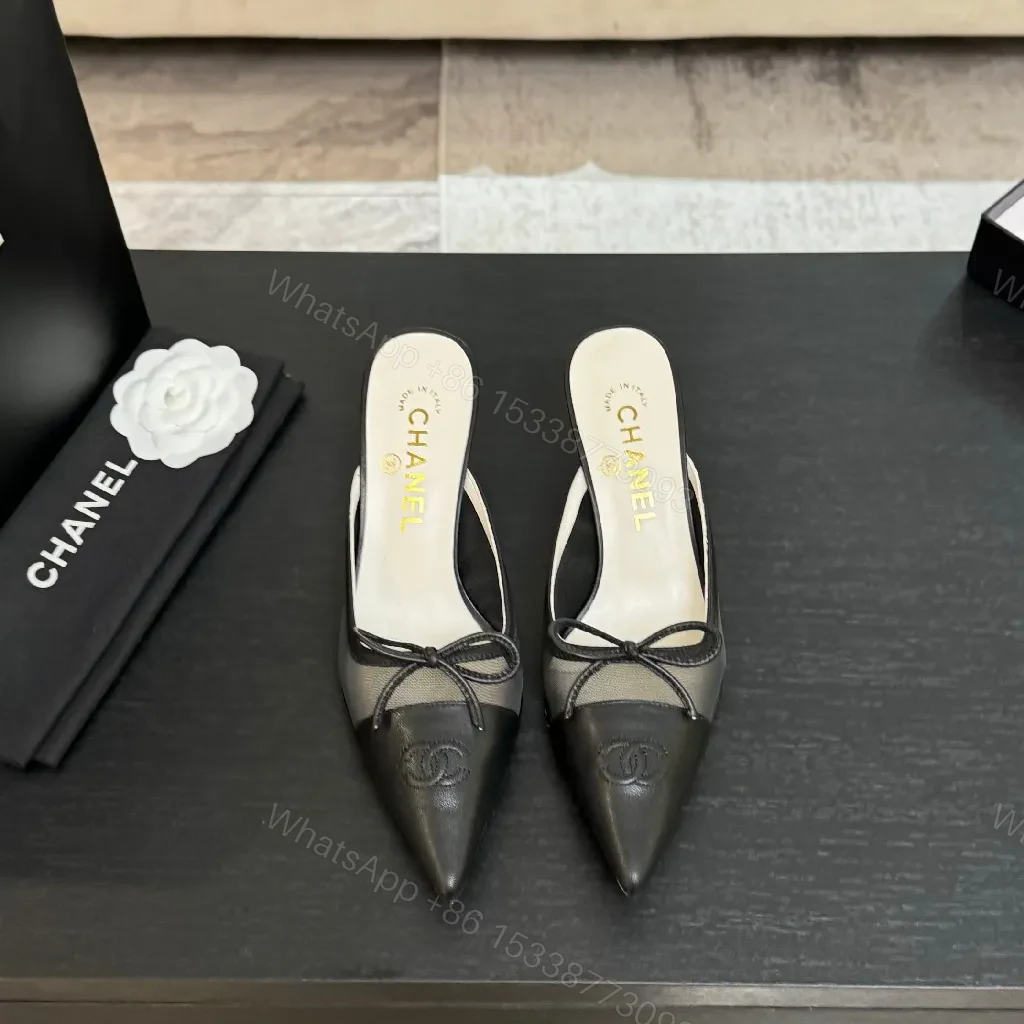View 4 of Black Leather Mesh Mules, Pointed Toe, Kitten Heel, Luxe Style