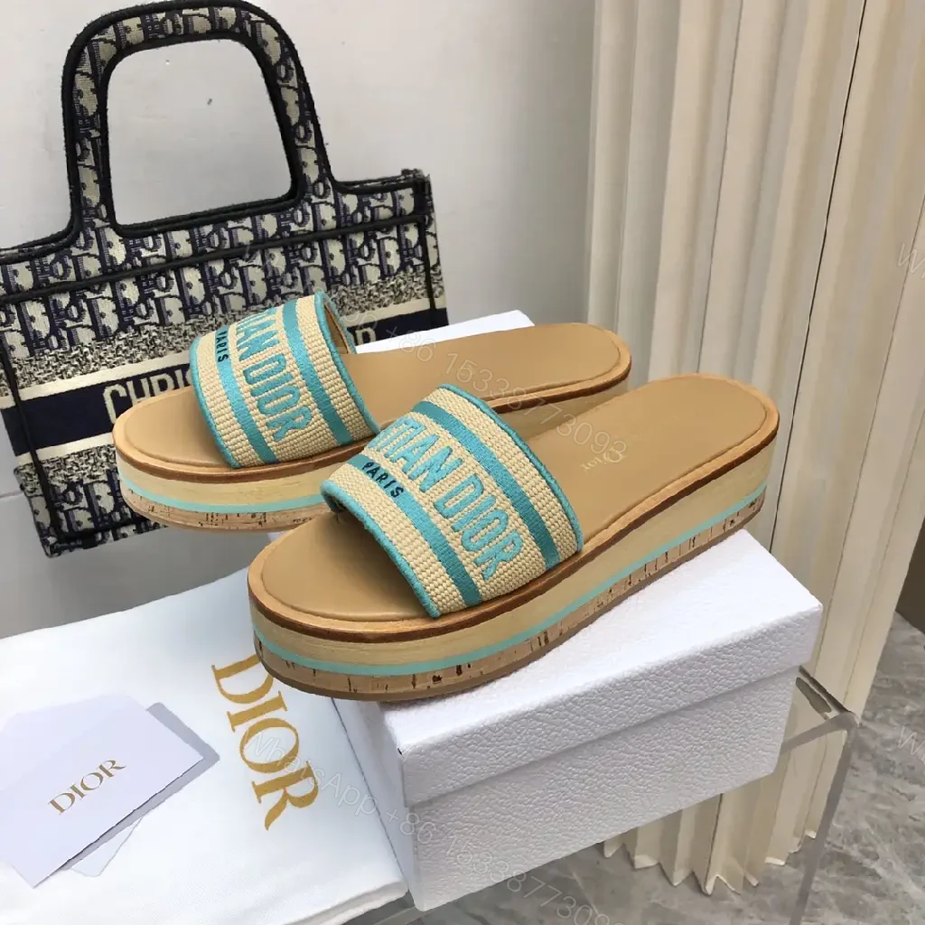 View 6 of Turquoise Canvas Striped Platform Sandals with Christian Dior Print