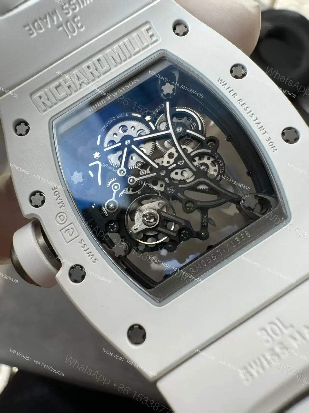 View 6 of Richard Mille RM 055 White Ceramic Skeleton Vaucher Free-Sprung Movement White Rubber Strap Custom Super Clone