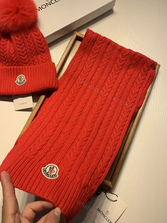 View 7 of Bold Red Cable Knit Beanie + Scarf Set by Moncler, Unisex Premium Knit