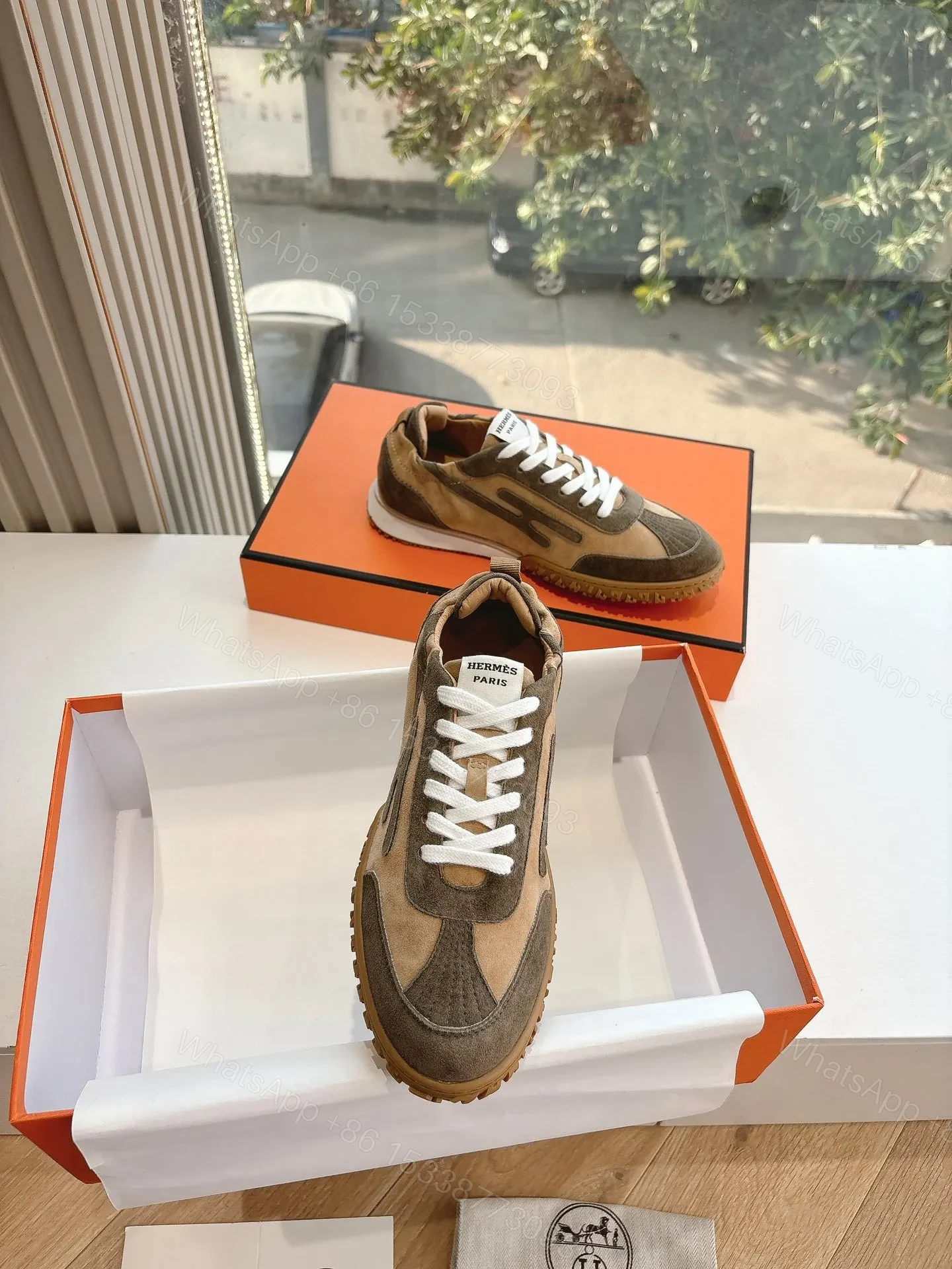 View 4 of Hermes Women Brown Suede Sneakers
