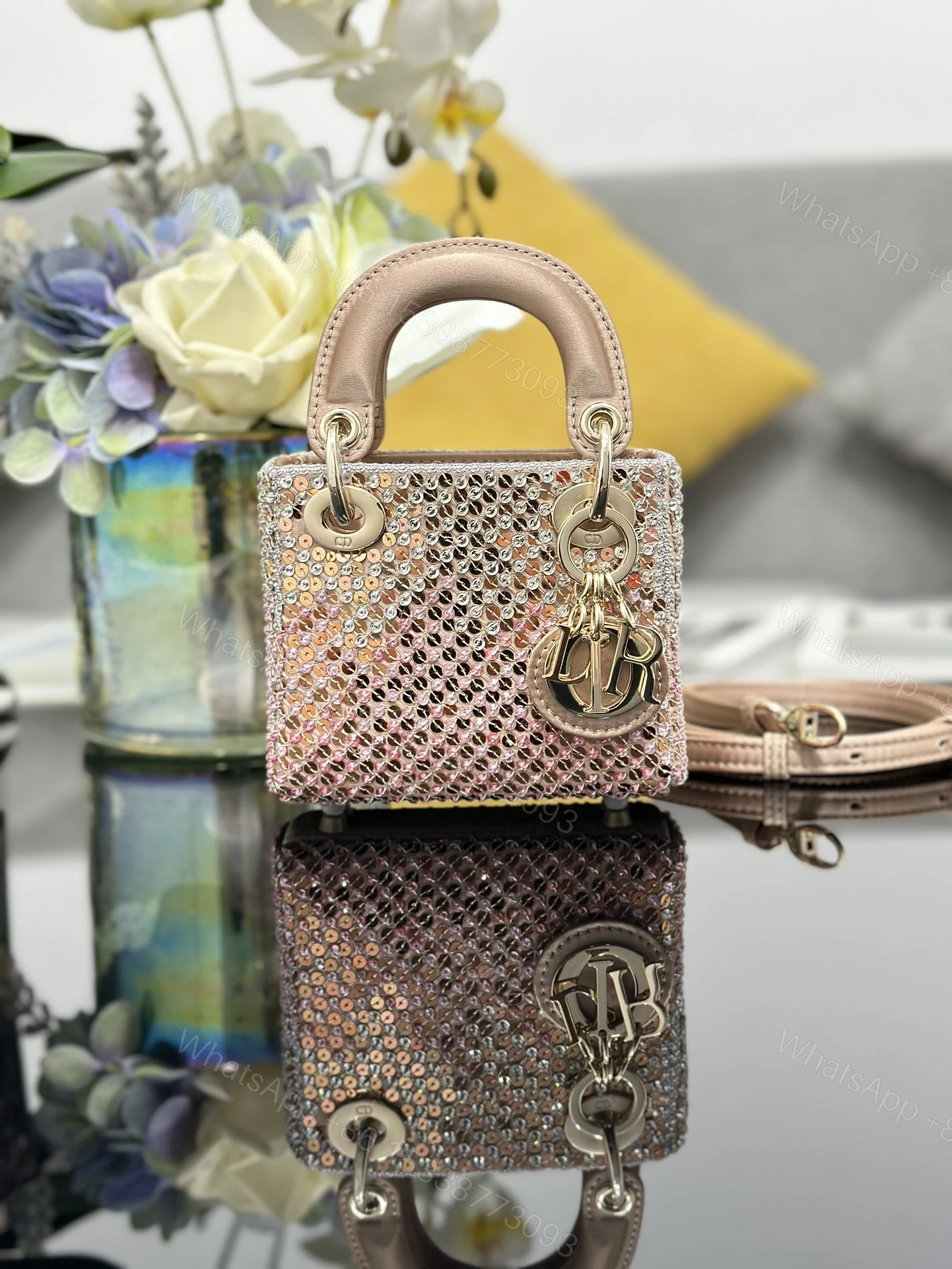 高仿Dior Lady Dior亮片迷你包 粉金色時尚手提包 — view 1