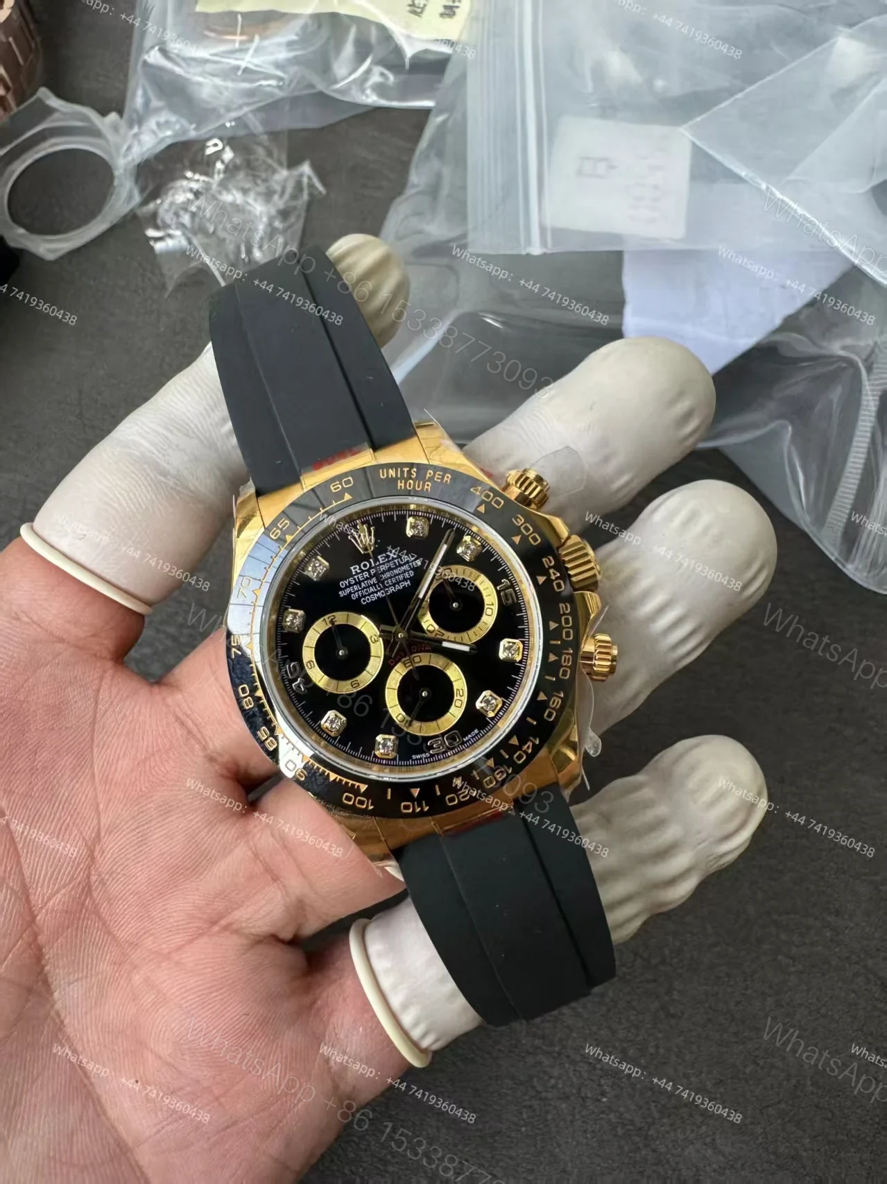 View 10 of Rolex Daytona 1:1 Replica – M116518LN-0078 Black Diamond Dial 18K Gold 4130 Super Clone