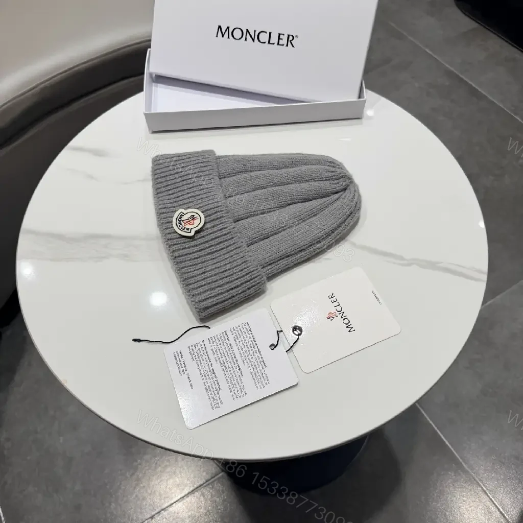 View 5 of Gray Knit Beanie, Moncler Crest, Luxury Streetwear Style, Warmth Ready