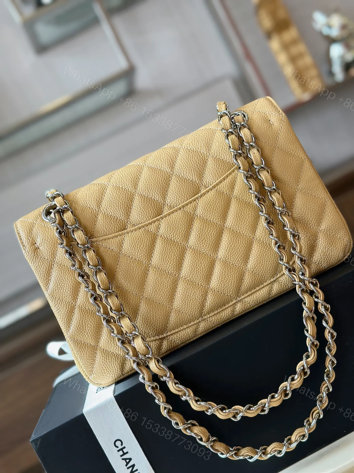 View 6 of Chanel Classic Like Auth Handbags Beige Leather With Lizard Skin 23cm
