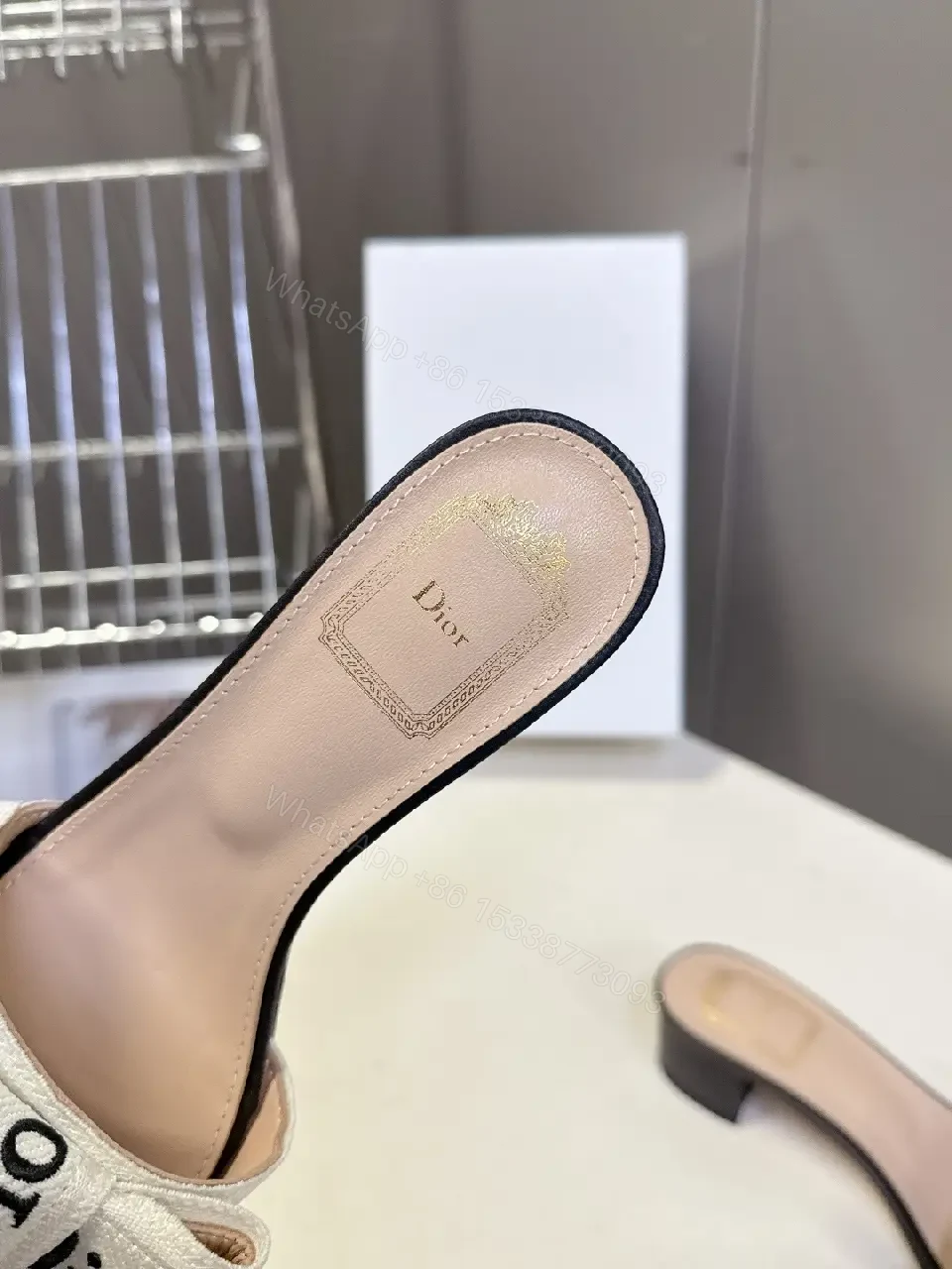 View 8 of White Metalized Bow Dior-Logo Canvas Sandals