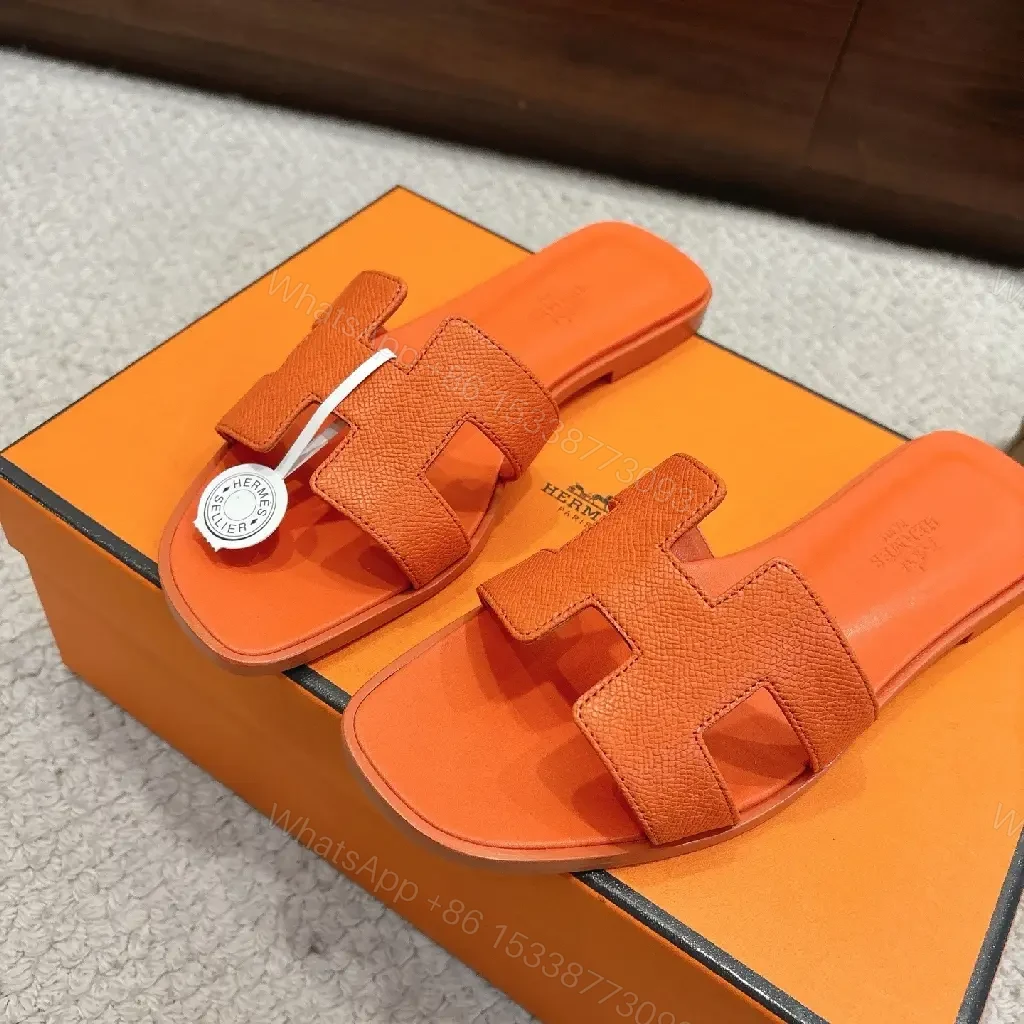 View 5 of Orange Leather Minimalist Slide Sandals - All-Day Comfort