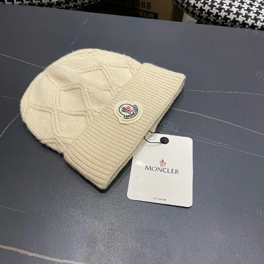 View 4 of Cream Knit Beanie + Wool Blend + Classic + Subtle Moncler Patch + Beanie