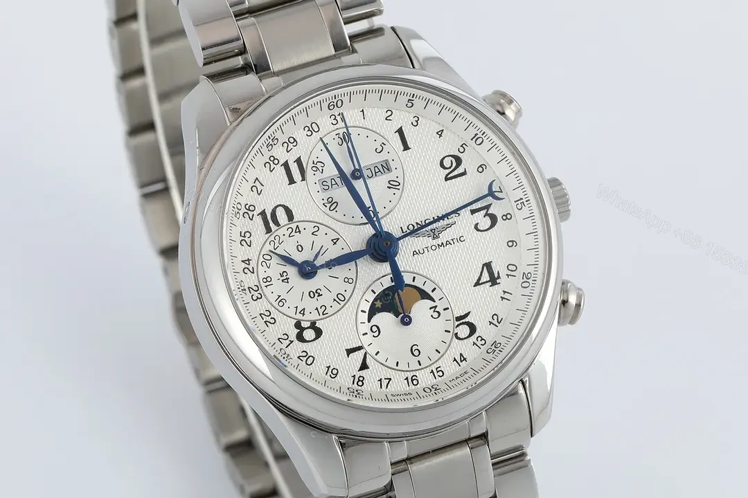 View 5 of Longines Master Collection Moonphase Eight Hand V4 Watch Silver Stainless Steel White Dial Blue Sub dials