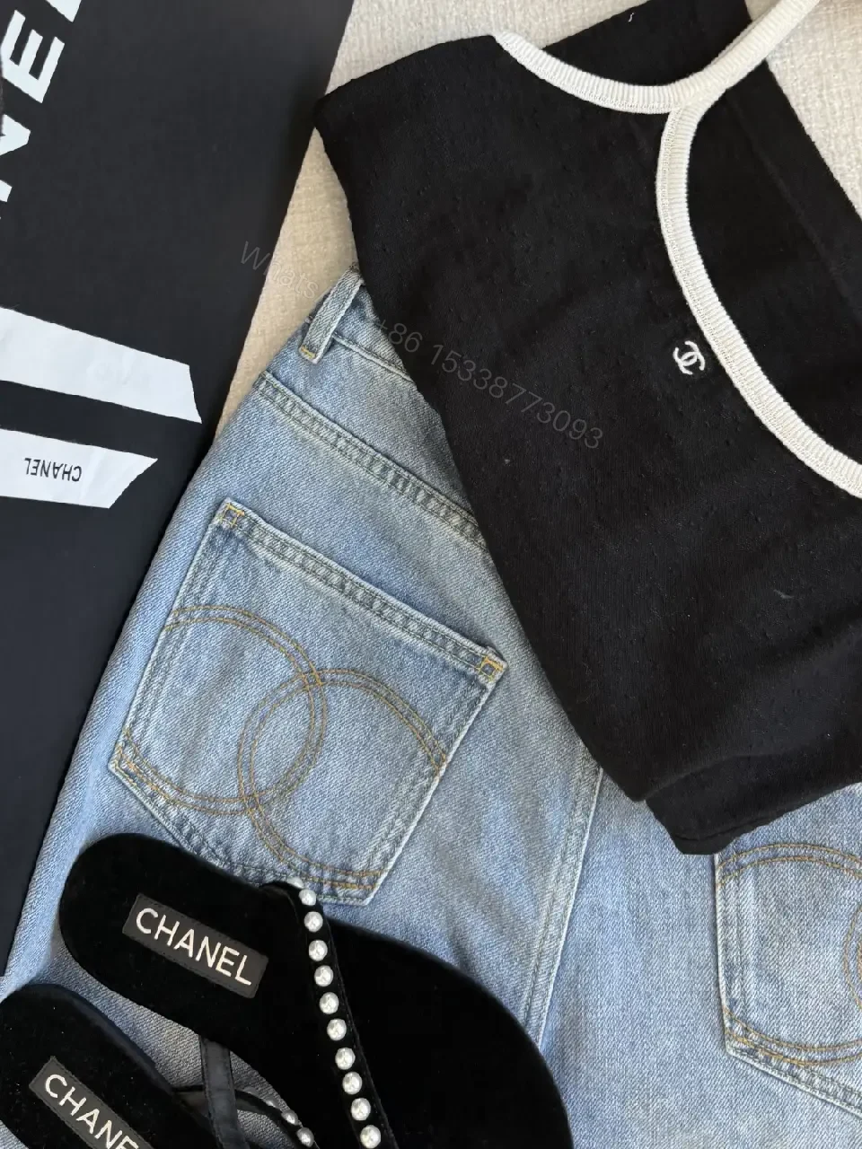 View 4 of Black Top with White Trim Sleeveless Camisole - Chanel Logo Detail