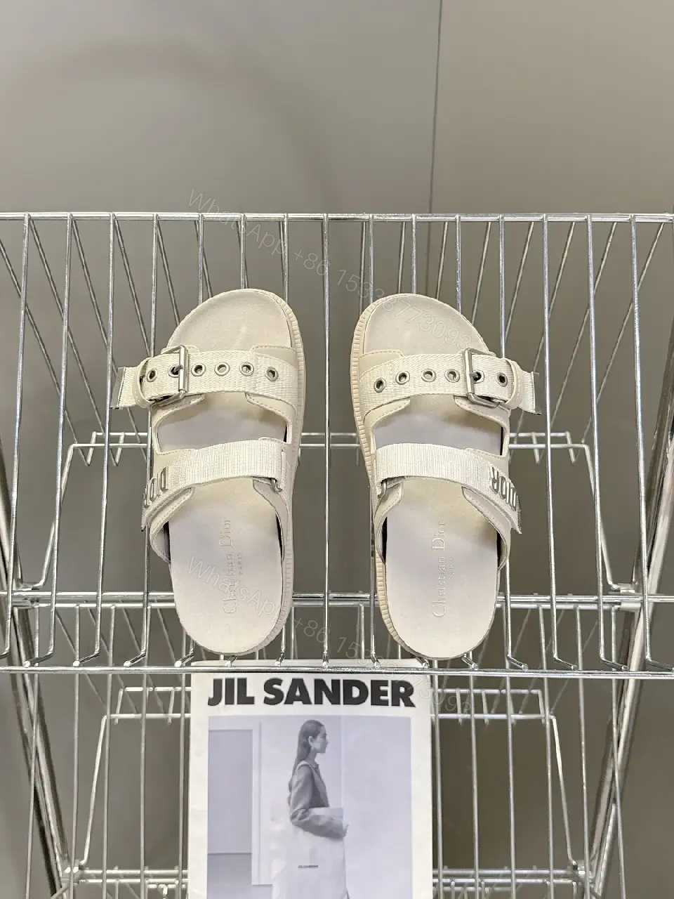 View 10 of Cream Leather Sandals, Metallic Buckle, Dior Style, Cork-Insole Comfort, Sandals