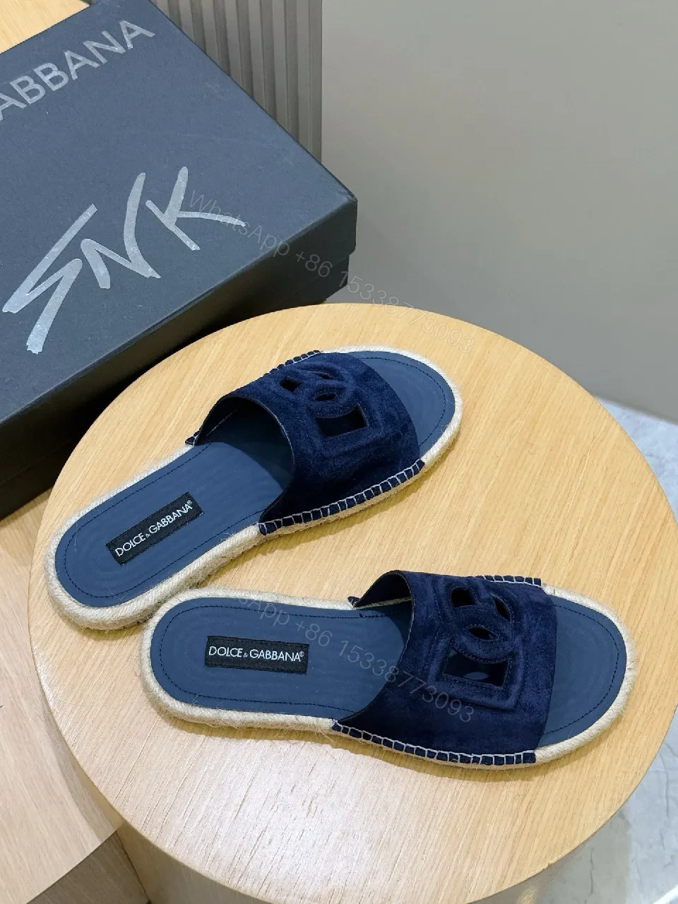 View 2 of Navy Suede Espadrille Sandals - Luxe Couture Motif Slip-On