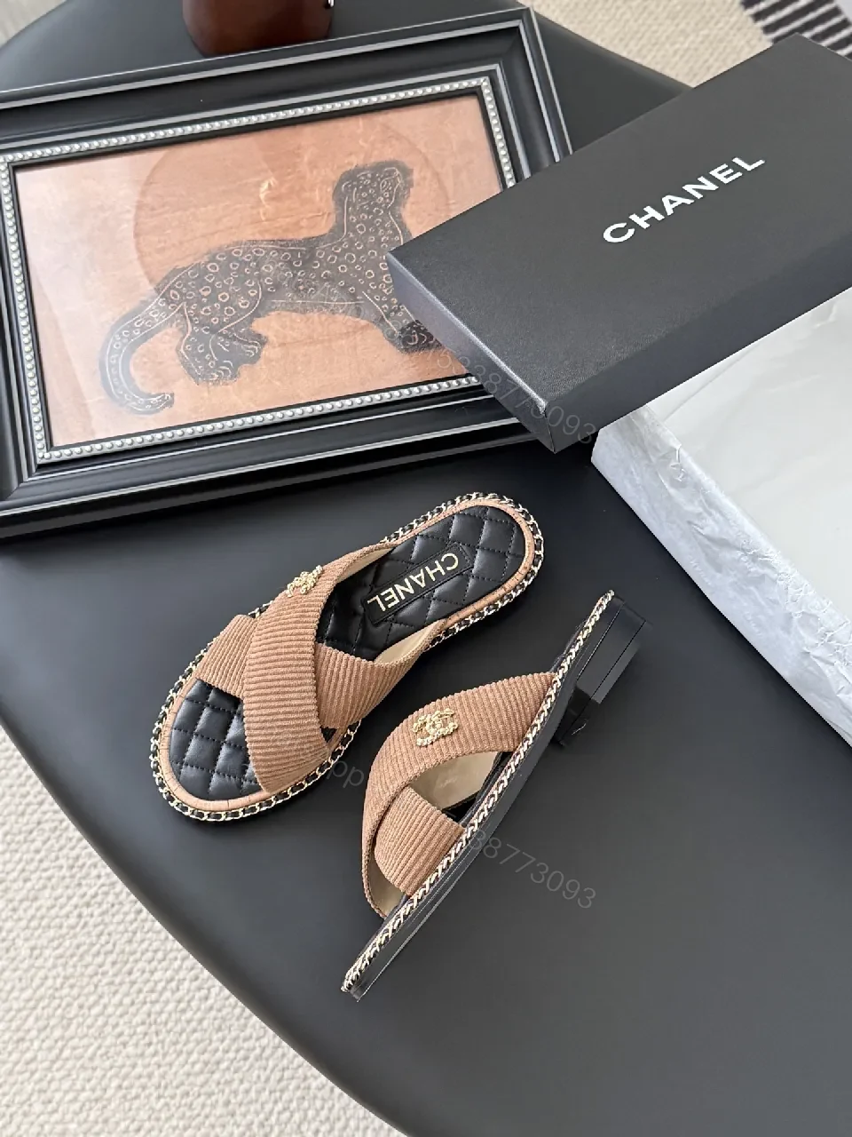 View 3 of Leather-Wrapped Espadrille Slides with Knit Strap, Quilted Footbed