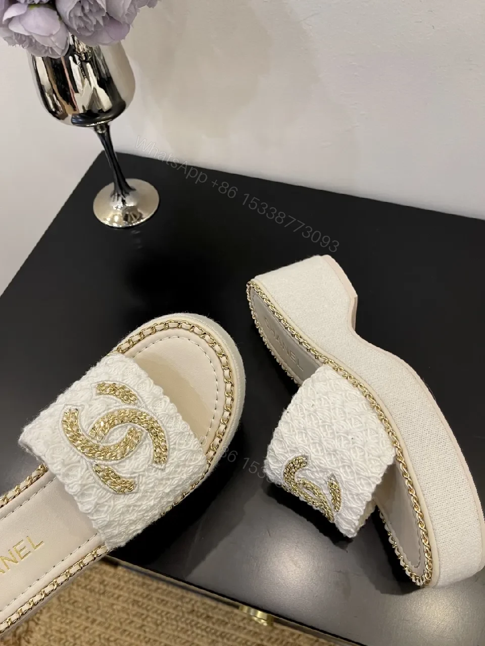 View 3 of White Textured Slide Sandals with Gold Logo, Open-Toe Mule Product