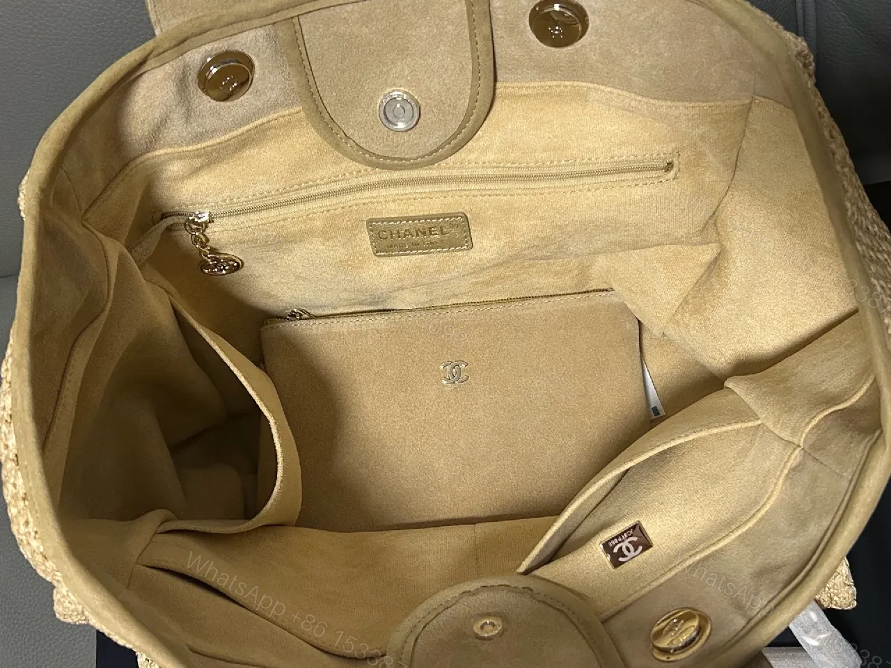 View 6 of Natural Straw Tote in Beige with Leather Trim, CHANEL-Embossed, Open-Top Tote