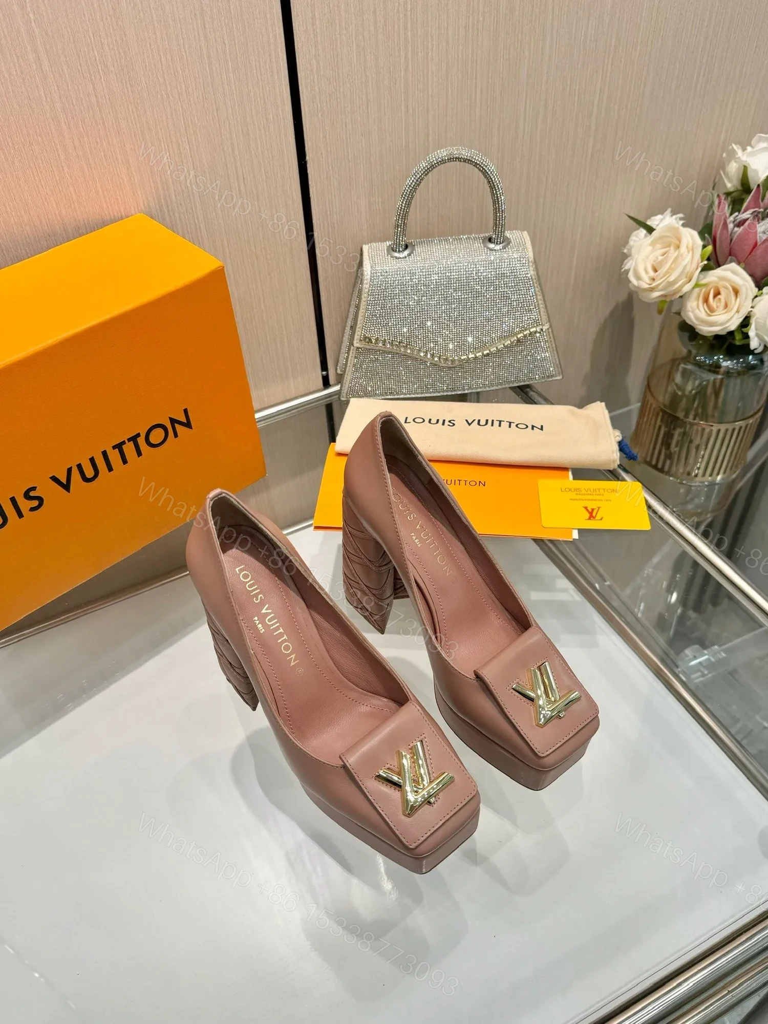View 5 of LV Women Pink Leather Quilted Block Heels