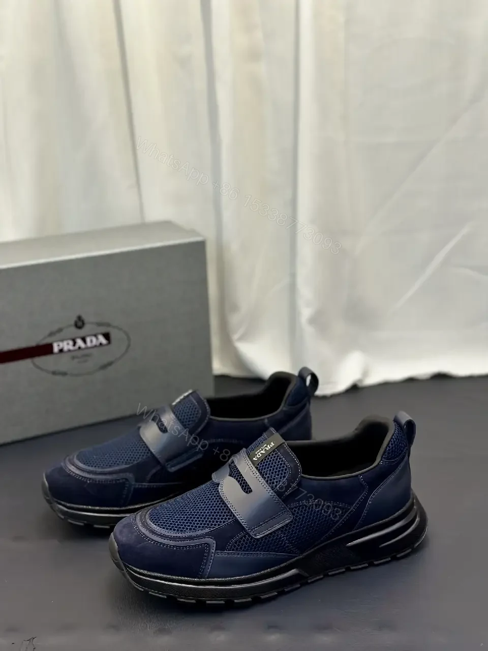 View 3 of Blue Mesh Slip-On Prada-Style Sneaker with Hook-and-loop Strap