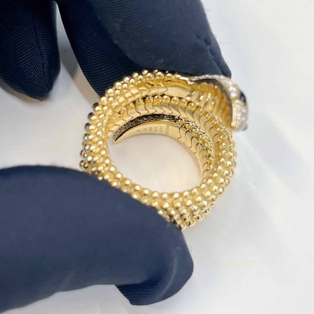 View 5 of 18K Gold Bvlgari Serpenti Two-Coil Ring With Head and Tail Diamonds Onyx 358655