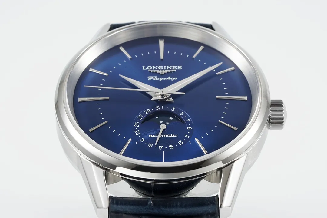 View 5 of Longines Classic Flagship Blue Dial Moon Phase Automatic Watch with Leather Strap