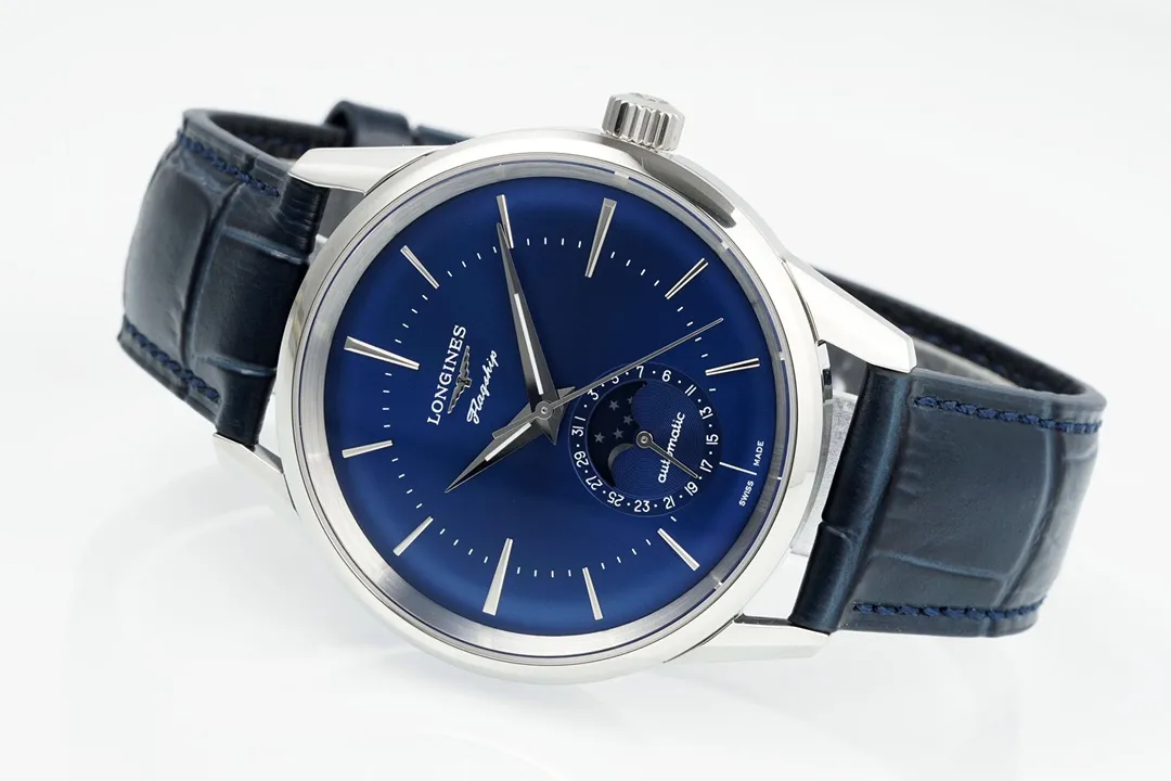 View 6 of Longines Classic Flagship Blue Dial Moon Phase Automatic Watch with Leather Strap