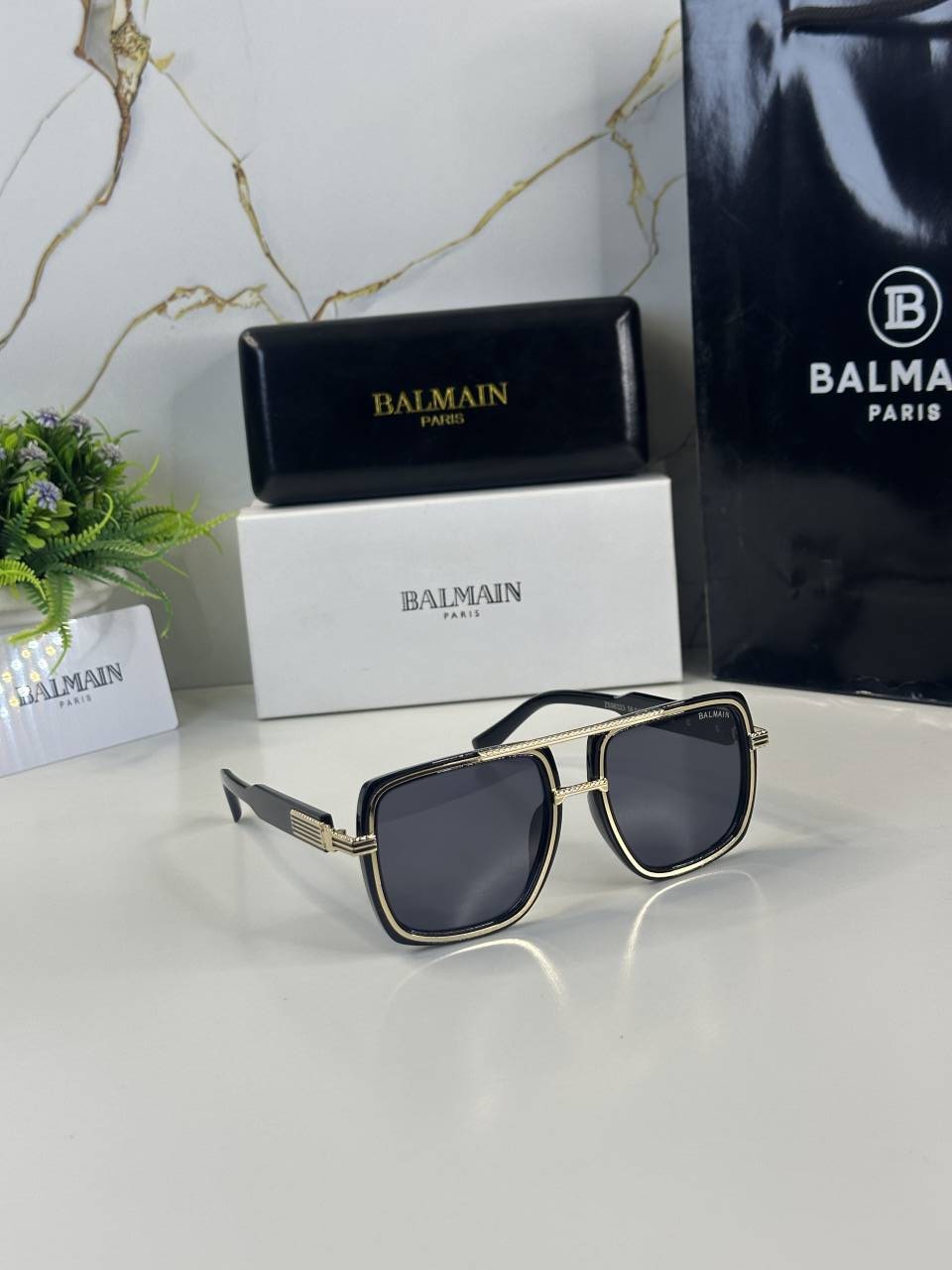 View 5 of First Copy Balmain Aviator Black Sunglasses Grey Lens Unisex UV Protection